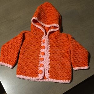 Handcrafted Mauve Crochet Baby Hoodie with Pink Trim